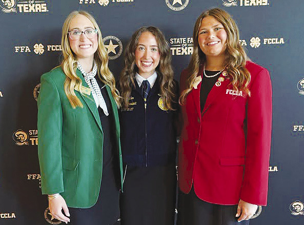 Glasscock County was well represented at the State Fair 2026 Honor Awards Banquet with state officers from FCCLA, FFA, and 4-H coming together for three days of leadership development, community service, and learning about agriculture-related issues. Serving as state officers are Katie Braden - 4H, Tatum Braden - FFA, and Landry Dieringer - FCCLA. photo courtesy Glasscock County ISD