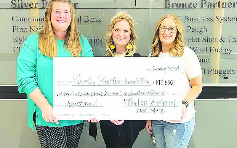 The Millhollon Educational Trust Estate blessed the Grady Education Foundation with a large check. Pictured are Nikki Springer Grady ISD Business Manager, Lynsey Pardue Grady ISD Counselor, Taryn O'Donnell Grady Education Foundation Treasurer.