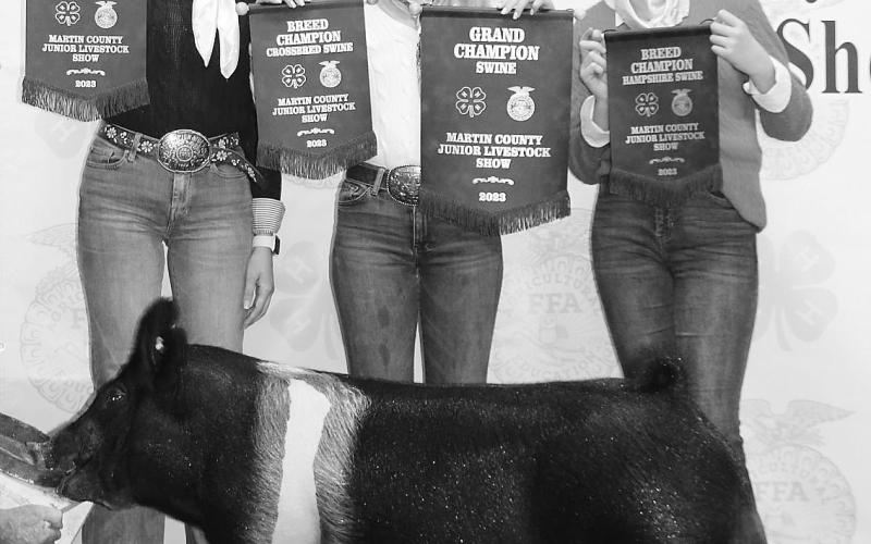 Ashlynn Peugh exhibited the Grand Champion Swine at the 2023 Martin County Junior Livestock Show. Pictured with her are sisters Kailynn Peugh and Adalynn Peugh.