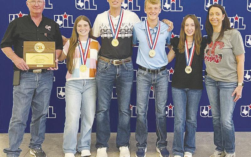 The Garden City number sense team defended its state title with another gold medal performance at the 2024 UIL Academic State Meet last week in Austin. Pictured are James Barfield - UIL Director and Number Sense Coach, Ivy Braden, Skyler Garcia, Presley Jost, Tatum Braden, and Shelly Koenning - Number Sense Coach.