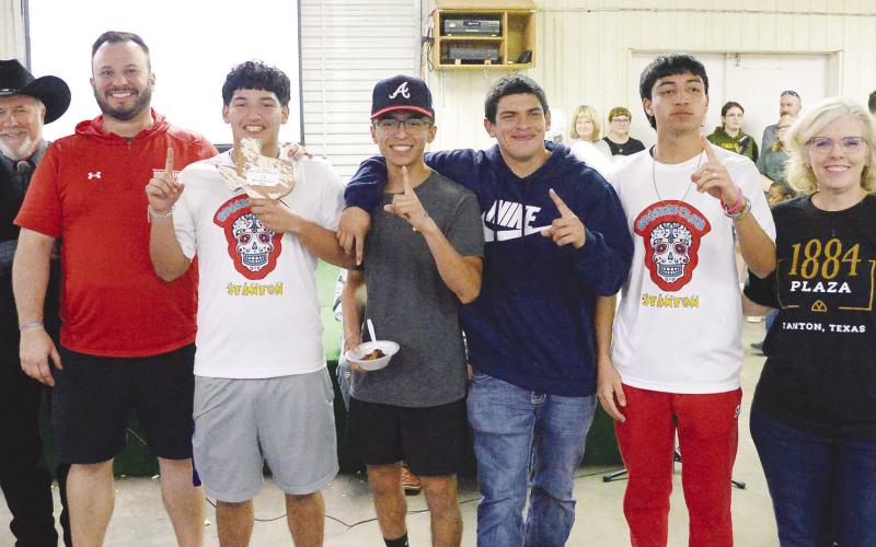 The Stanton High School Spanish Club won the Best Tasting Soup with their pozole at the 34th Annual Great Texas Soup Cookoff as voted on by the guest judges. Pictured are convent board president Reggie Baker, Spanish Club sponsor Adrian Padilla, club members Ernesto Gonzales, Jacob Nollola, Jason Salgado, and JC Hernandez, and convent executive director Regina Hunt.