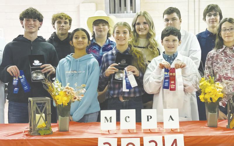 Front row. Judge Brady Wilson, Luke Stovall, Peyton Melendez, Breinlye Shock, Logan Alberts, Katy Kiker. Back row: Taven Fisher, Kutter Kiker, Peyton Moore, Nathan Alberts, Charles O’Neal, Lillian Alberts