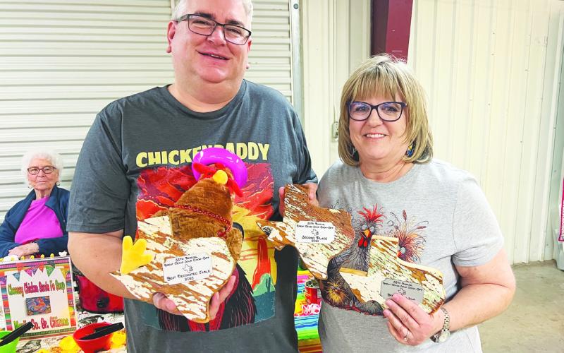 Brent Swink and Sally Poteet cleaned up at the 35th Annual Great Texas Soup Cook-Off last weekend in Stanton. The duo entered a soup, Cheesey Chicken Santa Fe Soup, for the Martin County Senior Citizens Center and won “Best Tasting Soup” by guest judges, “Second Place Soup” by public vote, and “Co-Best Decorated Table”.
