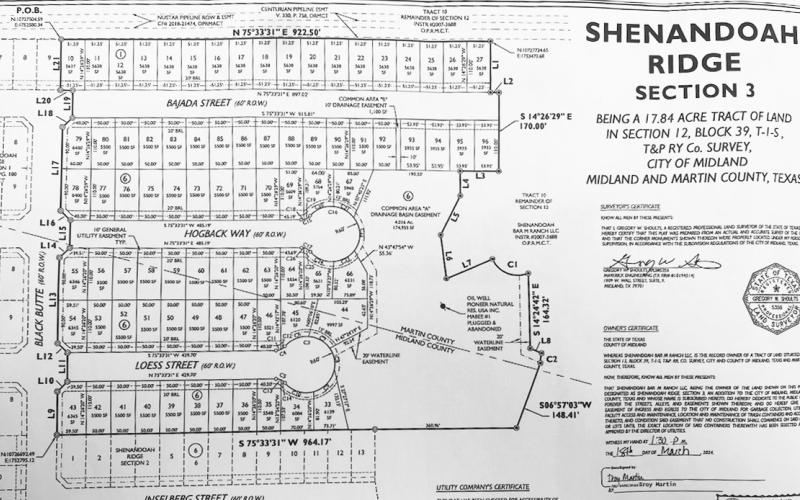 Martin County is about to get another 50+ homes added to the tax roll. Commissioner’s recently approved Section 3 for Shenandoah Ridge which is 3 miles north of Loop 250 on Hwy 349. The dark black line is an approximated Stanton ISD school boundary. Betenbough Homes, Texas Hawkize Property Management LLC, and Troy Martin could not be reached or did not return phone calls.