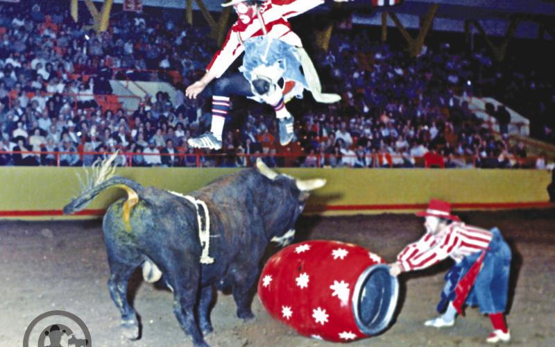 From 1982 SandHills bullfights: Rob Smets and Bob Romer- working a fighting bull in front of the SandHills crowd. Pic by Dudley Barker