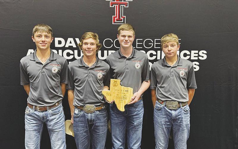 Glasscock County FFA members competed at the State FFA Contests in Lubbock last weekend. The teams were Cotton, Food Science, Entomology, and Plant ID. Cotton (pictured) - Sterling, Kelton, Grady, Caleb S. - 5th in the state! (Out of 153 teams) Food Science - Ella, Landry B., Melanie G., Joslyn - 34th in the state, 2nd in Area 2 Entomology - Sydnee, Emily, Sophie - 33rd in the state, 2nd in Area 2 Plant ID - Katelyn E., Clayton, Wyatt, Kannon, Riley H. - 35th in State, 3rd in Area 2