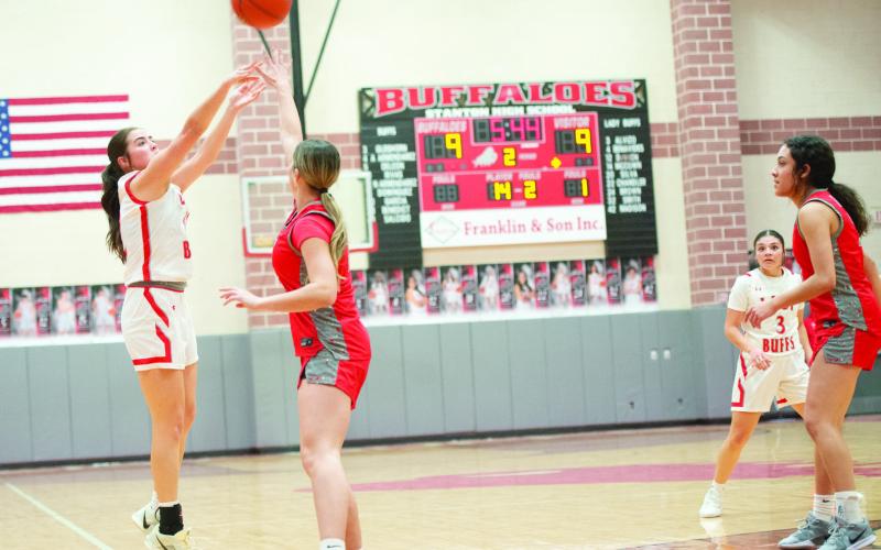 Stanton’s Emma Denson lets one fly from downtown during the Lady Buffs district victory over Denver City last week.