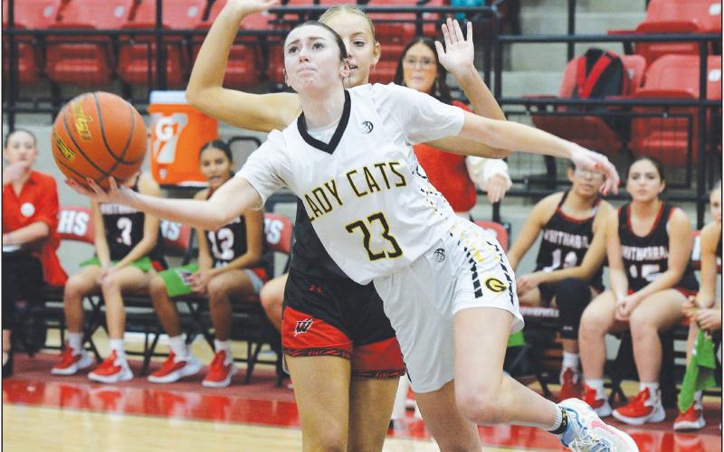 Grady senior Samantha Griffin shoots a contested lay-up during bi-district action against Whitharral on Tuesday in Brownfield. Griffin finished with 21 points.