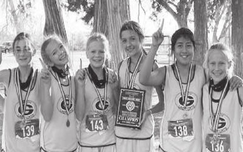 District 8 Junior High Cross Country Champs - Audrey Marler, Rylan O'Donnell, Kailynn Peugh, Kaelyn Titsworth, Emma Parker, Amaia Najera, Raegan Dennis, Alyssa Oviedo