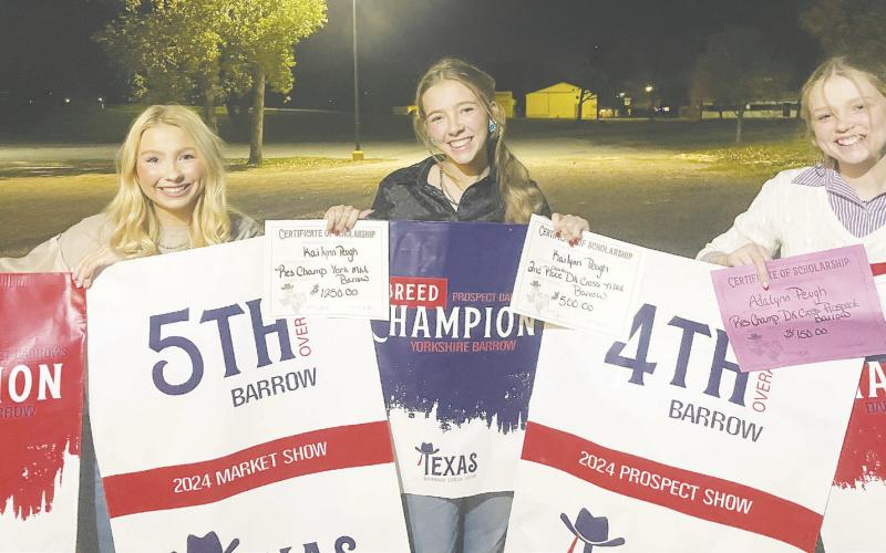 Kailynn and Adalynn Peugh exhibited pigs at the Texas National Pig Show in Wichita Falls over Christmas break. Addie was named Reserve Cross in the Prospect Show. KK was named Champion York and 4th Overall. At the Market Barrow show, KK was named Reserve York and 5th Overall. Together the Peugh sisters won over $3000 in scholarships.
