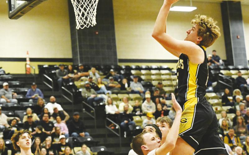 Grady’s Knight Durham scores a tough two points during bi-district action against Meadow at Lamesa High School on Tuesday.