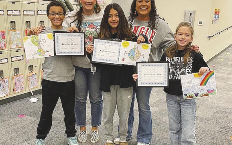 Forsan Winners. Left to Right: Peighton Metcalf (5th Grade), Whitney Gressett (Forsan Elementary Teacher), Acelyn Ramirez (5th Grade), Brianna Allred (PBUWCD Education Coordinator) and Samantha Parrish (4th Grade)