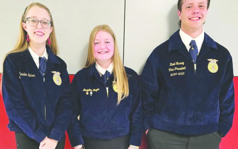 Kaeden Baker, Brayden Bryan and Reid Turney recently competed in the FFA Prepared Public Speaking contest. Baker and Bryan will be advancing in their division to the Area round on May 13 in San Angelo.