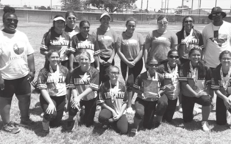 BACK ROW: Coach Makayla Hunter, Mikayla Saenz, Sariah Heller, Liliana Rodriguez, Sierra Rayos, Brinly Watkins, Trinity Johnson, Aubrey Villa, and Coach Darryl Williams; FRONT ROW: Ryann Bryand, Brittyn Carson, Paisley Carby, Cora Hill, Lacey Smith, Alyssa Almaguer, Zoe Aguirre.