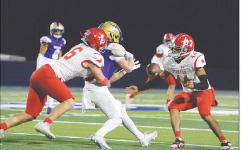 Stanton linebacker Aiden Louder (16) forces a fumble and Jaiden Bernal (44) recovered it during Bi-District action at Fort Stockton on Thursday.