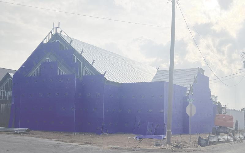 The new Fellowship Hall and classrooms at the First Baptist Church in Stanton is starting to take shape with the addition of the exterior walls.