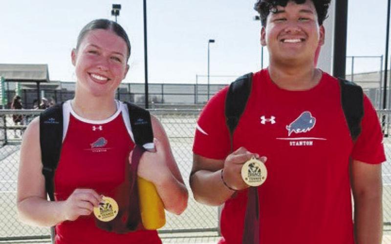 Stanton High School Netters competed in the Bush Tennis Tournament this week. Above: Emerie Barnes and Sisto Herrera are the Mixed Doubles Champions. Below: Taven Fisher and Jonas Rivas captured the Consolation Boys Doubles Champions.
