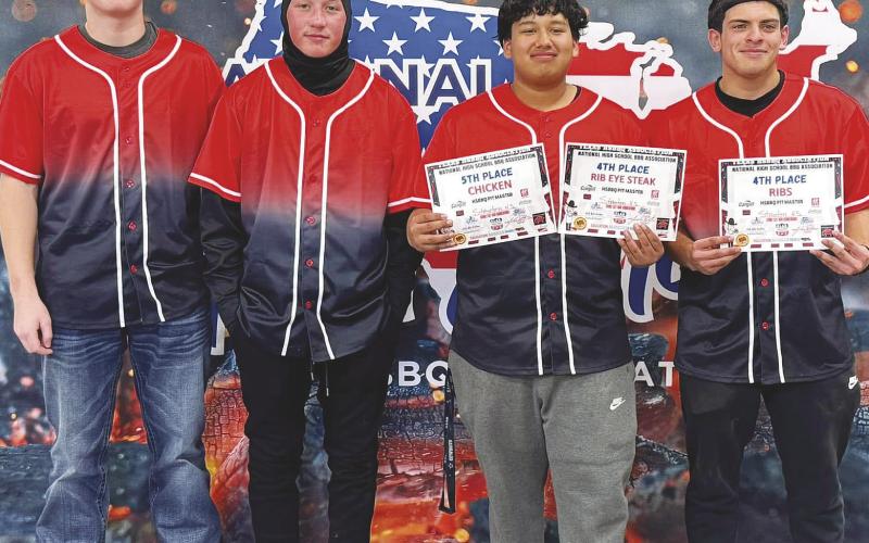 Stanton High School hosted a Regional Texas HSBBQ League Qualifier on Feb. 22. Stanton’s BBQ teams Sizzle-N-Drizzle and Beating Ash earned spots at the State BBQ Championships. The state competition will be May 3, at Burnett High School. Team Sizzle-N-Drizzle (left) members are Valentino Rodriguez, Graham Butler, Drew Pruitt, and not pictured was Angel Rodriguez. Beating Ash (right) team members are Clayton Brown, Dustin Rivas, Sisto Herrera, and Jason Salgado.