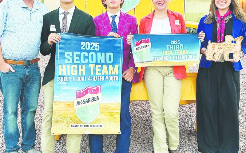 The Glasscock County 4-H judging team poses with their awards from the national competition in Grand Island, Nebraska. Pictured from left are coach Cody Trimble, Levi Easterling, Miles Halfmann, Brylon Frerich, and Tatum Braden.