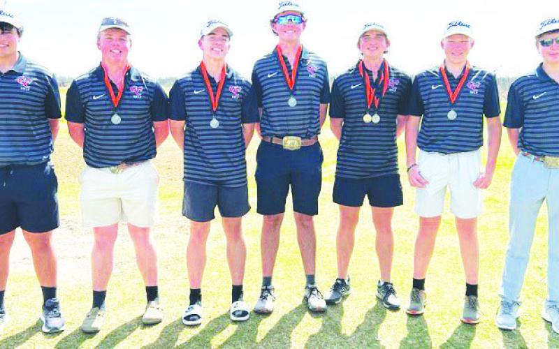 The Garden City High School boys golf team placed second at a tournament in San Angelo this week. Pictured left to right are Roberto Almazan (90), Ryan Cypert (92), Brik Fryar (87), Waylyn Davis (95), Karson Lowery (73), who finished as the individual champion, Cohen Batla (80) and Sterling Schwartz (97).