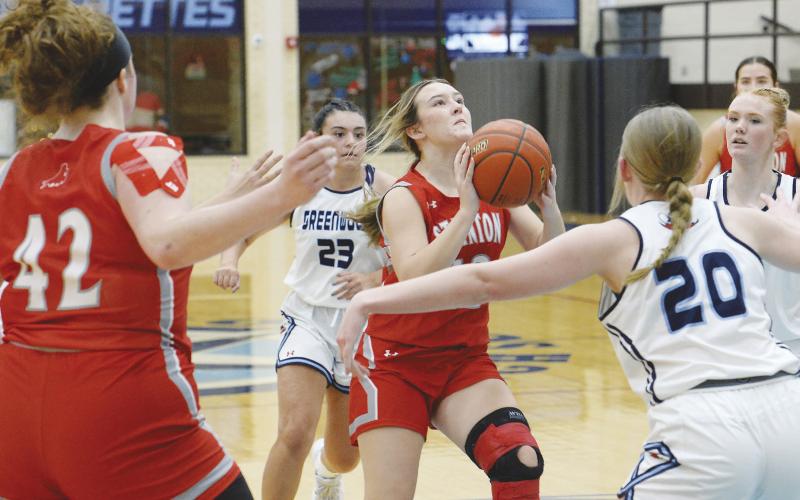 Stanton’s Addison Chandler scores two of her 11 points in the Lady Buffs game against Greenwood on Tuesday.
