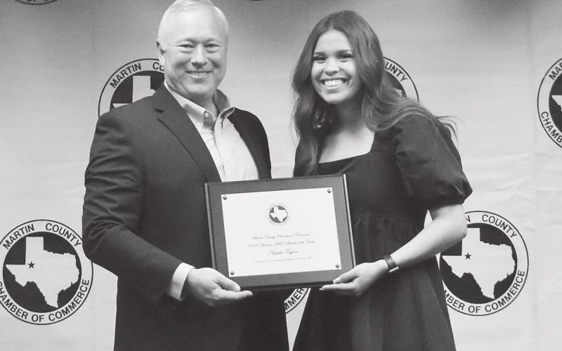 Natalie Taylor was presented the Stanton ISD Student of the Year Award by Stanton Superintendent Dr. Merl Brandon at the Annual martin County Chamber Banquet.