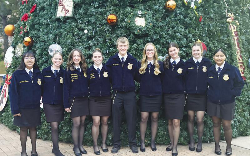 Glasscock County FFA students at the state Leadership Development Events contest held at Sam Houston State University. Pictured from left to right are Samantha Cortez, Emily Easterling, Tatum Braden, Ivy Braden, Presley Jost, Katie Braden, Sydnee Gully, Karly Baker and Ana Luna.
