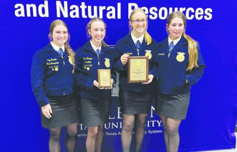 The Glasscock County FFA Ag Sales team of Ivy Braden, Tatum Braden, Katie Braden, and Helen Marshall placed third in the Area, earning a spot at the state contest. They competed with four other Areas from across the state and were 10th out of 47 teams.