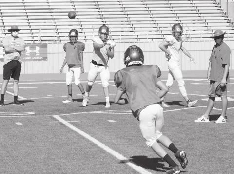 Stanton varsity quarterback Tyler Benedict works on some short passes in preparation for today’s scrimmage against Lamesa at 5 pm at Buffalo Stadium in Stanton. Capacity will be limited to 50%.