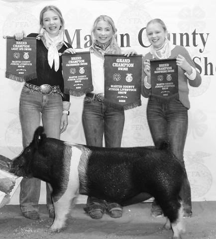 Ashlynn Peugh exhibited the Grand Champion Swine at the 2023 Martin County Junior Livestock Show. Pictured with her are sisters Kailynn Peugh and Adalynn Peugh.