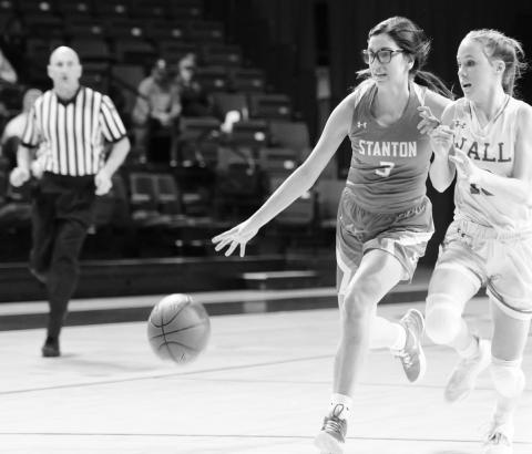 Stanton’s April Villa looks for an opening against Wall during bi-district action at the Junell Center at Angelo State University on Tuesday night.