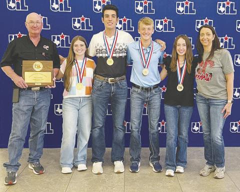 The Garden City number sense team defended its state title with another gold medal performance at the 2024 UIL Academic State Meet last week in Austin. Pictured are James Barfield - UIL Director and Number Sense Coach, Ivy Braden, Skyler Garcia, Presley Jost, Tatum Braden, and Shelly Koenning - Number Sense Coach.