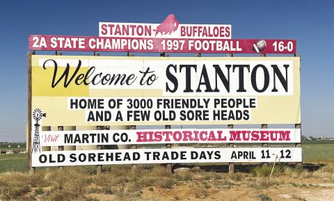 Stanton’s current sign on the west side of town. Four proposed designs for the new Stanton welcome sign were posted for public input on the Martin County Historical Museum’s Facebook page, sparking debate over recognition of Stanton’s 1997 state championship football team.
