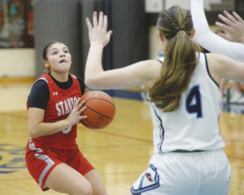 Stanton point guard lauren Alvizo lines up a three point shot against the Greenwood Rangerettes defense. The Lady Buffs host the Hooptown Tournament this weekend.
