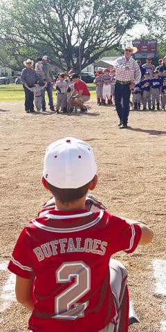 Martin County Sheriff-Elect Randy Cozart had the honor of throwing out the first pitch during Opening Ceremonies for the Martin County Little League. Braxton Noland was chosen to catch the first pitch.