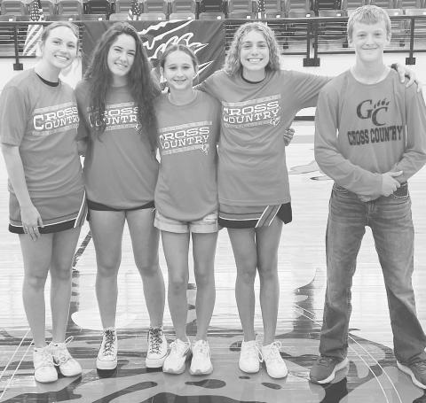 2022 Garden City Cross Country Team: Junior Mara Fuchs, Sophomore Jade Kemp, Freshman Sadie Fuchs, Freshman Emy Schwartz, Freshman Presley Jost. Not pictured Senior Barbara Wittrein.