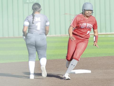 First team all-district selection Alessandra Glover rounds second base during the 2024 Bi-District Championship against Muleshoe.