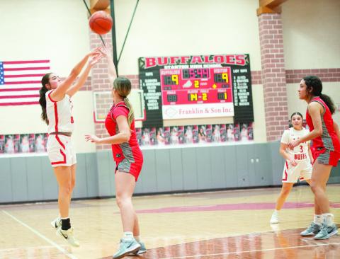 Stanton’s Emma Denson lets one fly from downtown during the Lady Buffs district victory over Denver City last week.