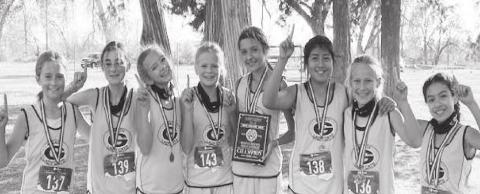 District 8 Junior High Cross Country Champs - Audrey Marler, Rylan O'Donnell, Kailynn Peugh, Kaelyn Titsworth, Emma Parker, Amaia Najera, Raegan Dennis, Alyssa Oviedo