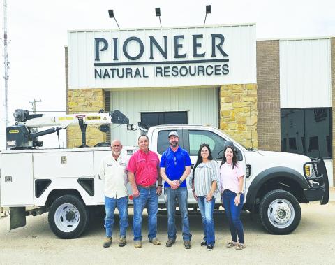 Pioneer Natural Resources donated a new truck this week to the Grady ISD Maintenance Department. Pictured are Grady Maintenance Director Favian Villa, Grady ISD Superintendent Leandro Gonzales, Pioneer Field Service Superintendent Ben Nabors, Pioneer Fleet Specialist Savannah Faulkner, and Pioneer Fleet Coordinator Lacy Dorner.