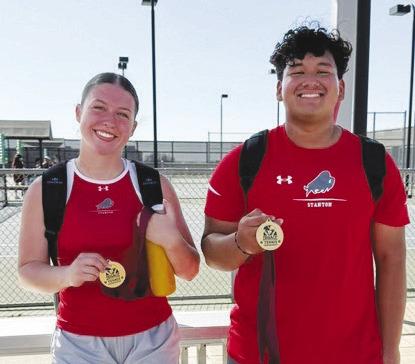 Stanton High School Netters competed in the Bush Tennis Tournament this week. Above: Emerie Barnes and Sisto Herrera are the Mixed Doubles Champions. Below: Taven Fisher and Jonas Rivas captured the Consolation Boys Doubles Champions.