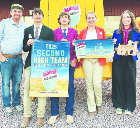 The Glasscock County 4-H judging team poses with their awards from the national competition in Grand Island, Nebraska. Pictured from left are coach Cody Trimble, Levi Easterling, Miles Halfmann, Brylon Frerich, and Tatum Braden.