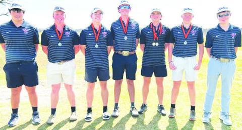 The Garden City High School boys golf team placed second at a tournament in San Angelo this week. Pictured left to right are Roberto Almazan (90), Ryan Cypert (92), Brik Fryar (87), Waylyn Davis (95), Karson Lowery (73), who finished as the individual champion, Cohen Batla (80) and Sterling Schwartz (97).