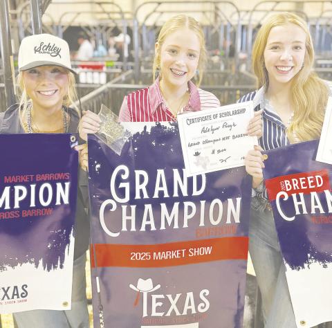 Kailynn Peugh (right) and Adalynn Peugh (center) both showed Market Barrows at the Texas National Stockshow in Witchita Falls. Adalynn show the Grand Champion Barrow and Kailynn showed the Champion York. Together the sisters won $10,000 worth of scholarships.