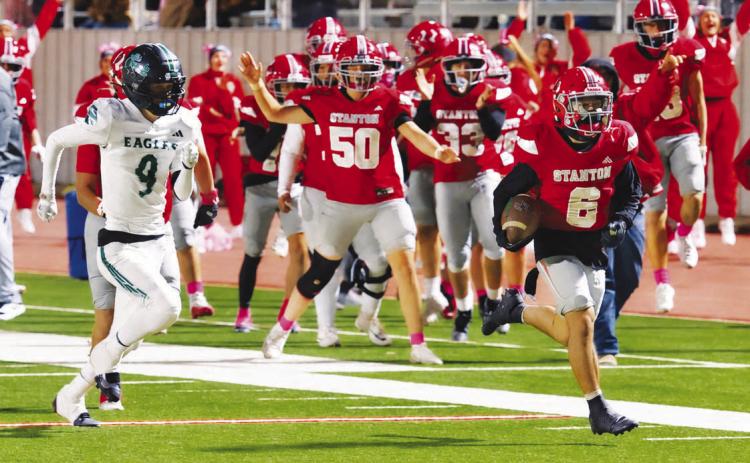 Stanton return man Vayden Pastrana take a Grape Creek punt the distance for a touchdown. This was the second straight game he returned a punt for a touchdown.