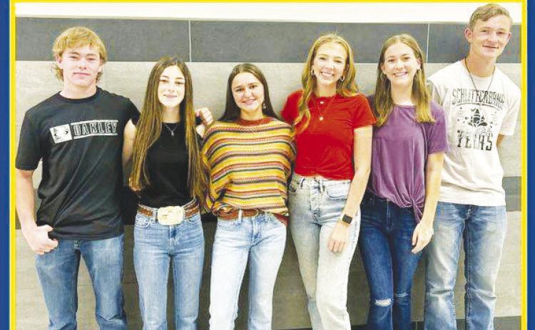 The 2024-2025 Grady FFAChapter Officer Team - Truman Stack, Secratary; Rylan O’Donnell, Treasurer; Aislynne Mendoza, Vice President; Kailynn Peugh, President; Brooklyn Teeters, Reporter; Lane Cearley, Sentinel.